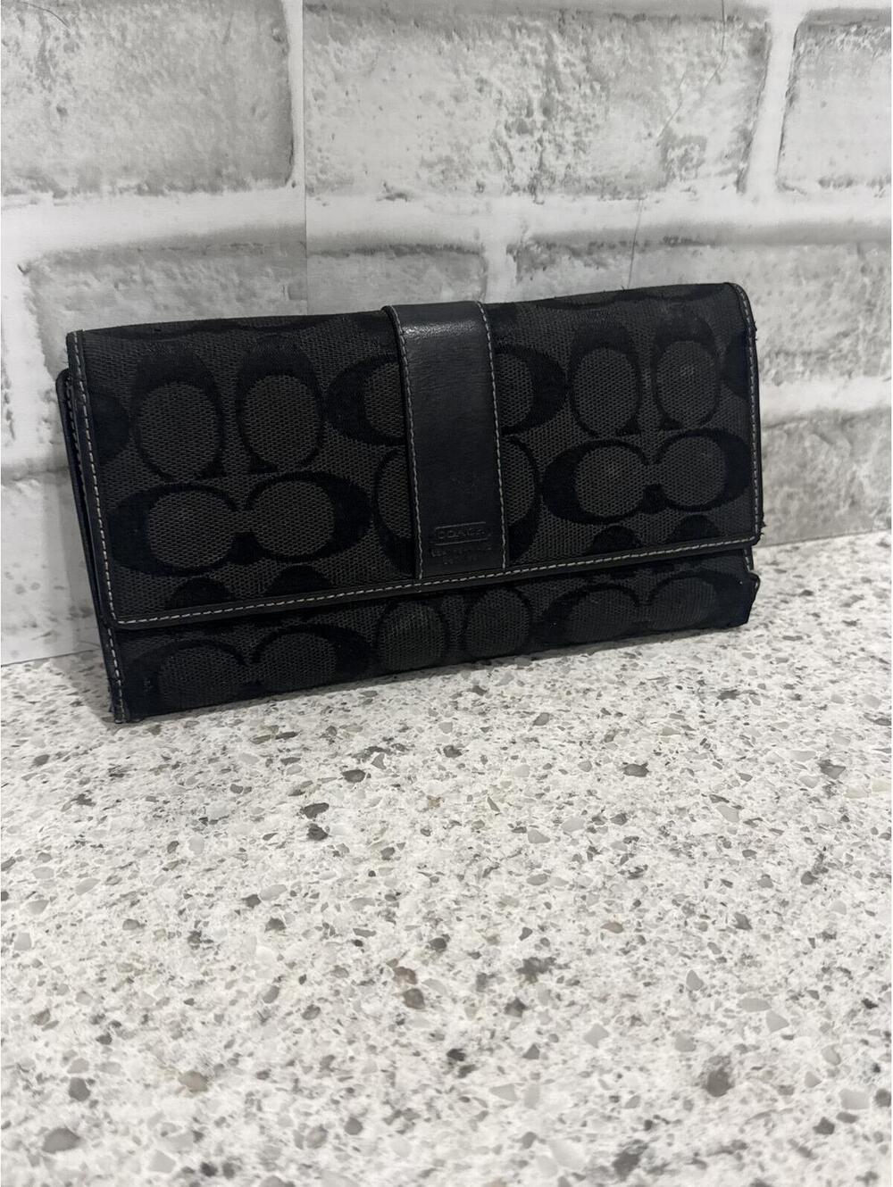 Coach Signature Black Jacquard Long Canvas & Leather Wallet